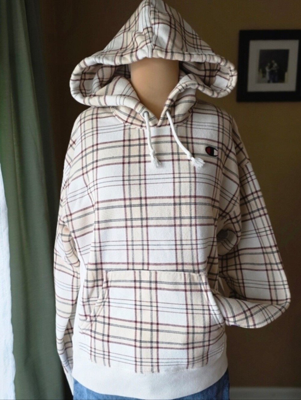 Champion Reverse Weave Plaid Hoodie Cream Maroon Preppy Sweatshirt Womens M